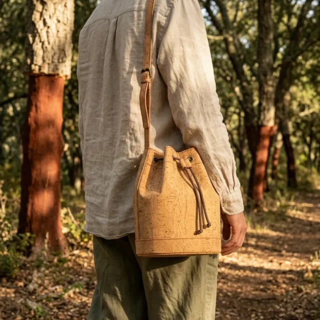 Bark Bucket Bag in use, under cork oaks