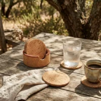 Coasters with Holder, Set of 6 in use, under cork oaks