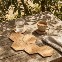 Hex Coasters, Set of 6 in use, under cork oaks