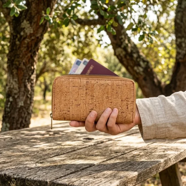 Long Zip Wallet in use, under cork oaks
