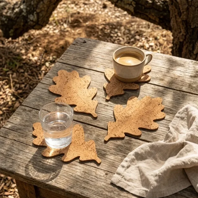 Oak Leaf Coasters, Set of 4 in use, under cork oaks