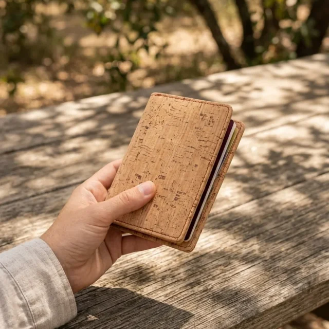 Passport Cover in use, under cork oaks