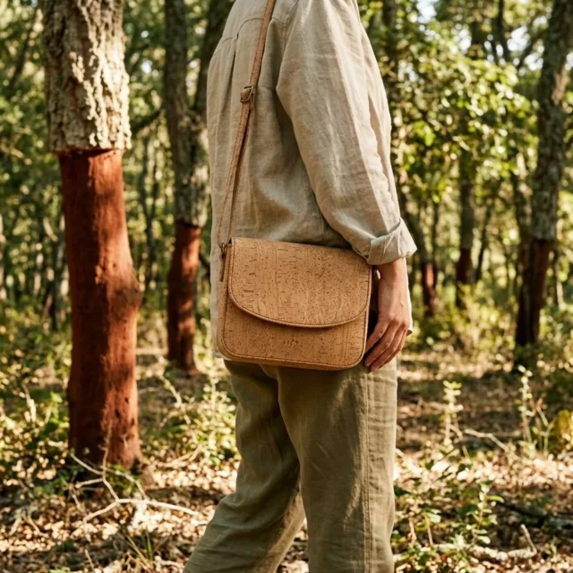 Ring Crossbody in use, under cork oaks