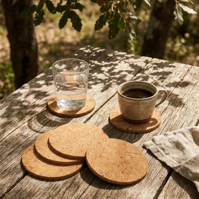 Round Coasters, Set of 4 in use, under cork oaks