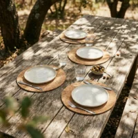 Round Placemats, Set of 2 in use, under cork oaks