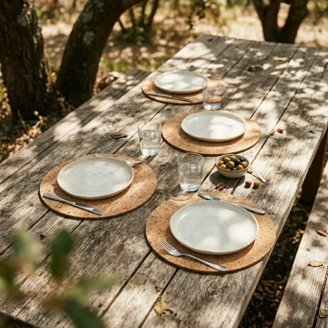 Round Placemats, Set of 2 in use, under cork oaks