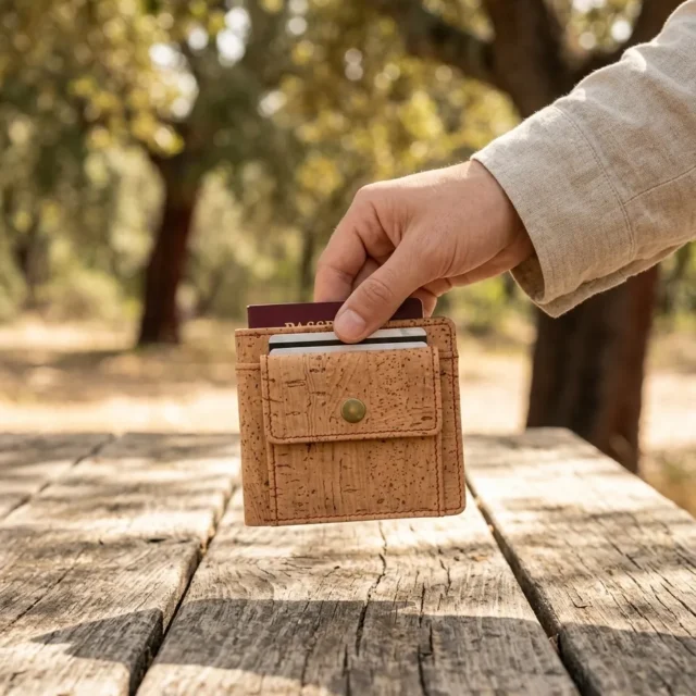 Snap Coin Wallet in use, under cork oaks