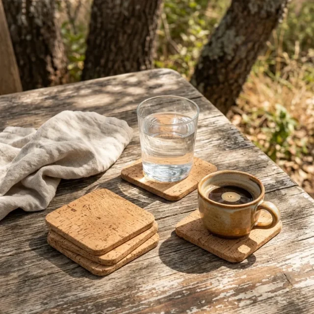 Square Coasters, Set of 4 in use, under cork oaks