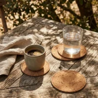 Stitched Coasters, Set of 4 in use, under cork oaks