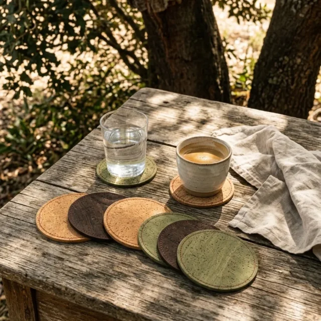 Three-Tone Coasters, Set of 6 in use, under cork oaks