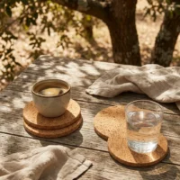 Wide Coasters, Set of 4 in use, under cork oaks