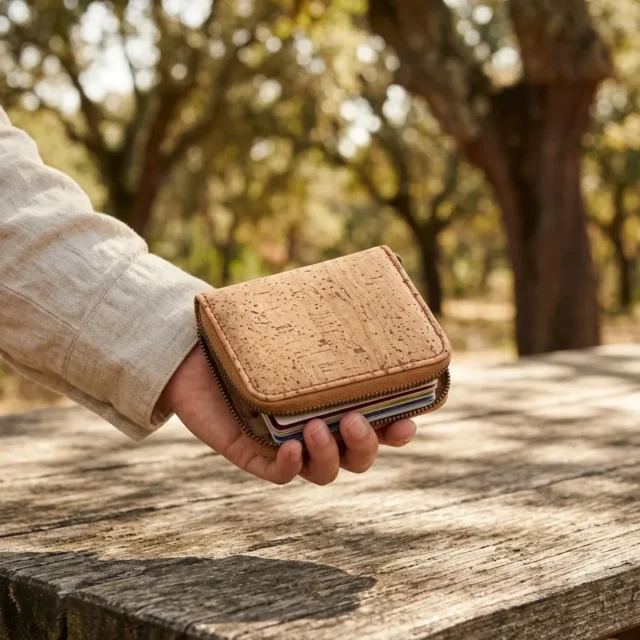 Zip Card Wallet in use, under cork oaks